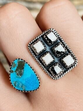 Sterling Silver White Buffalo Turquoise Adjustable Ring Southwestern Size 6-9